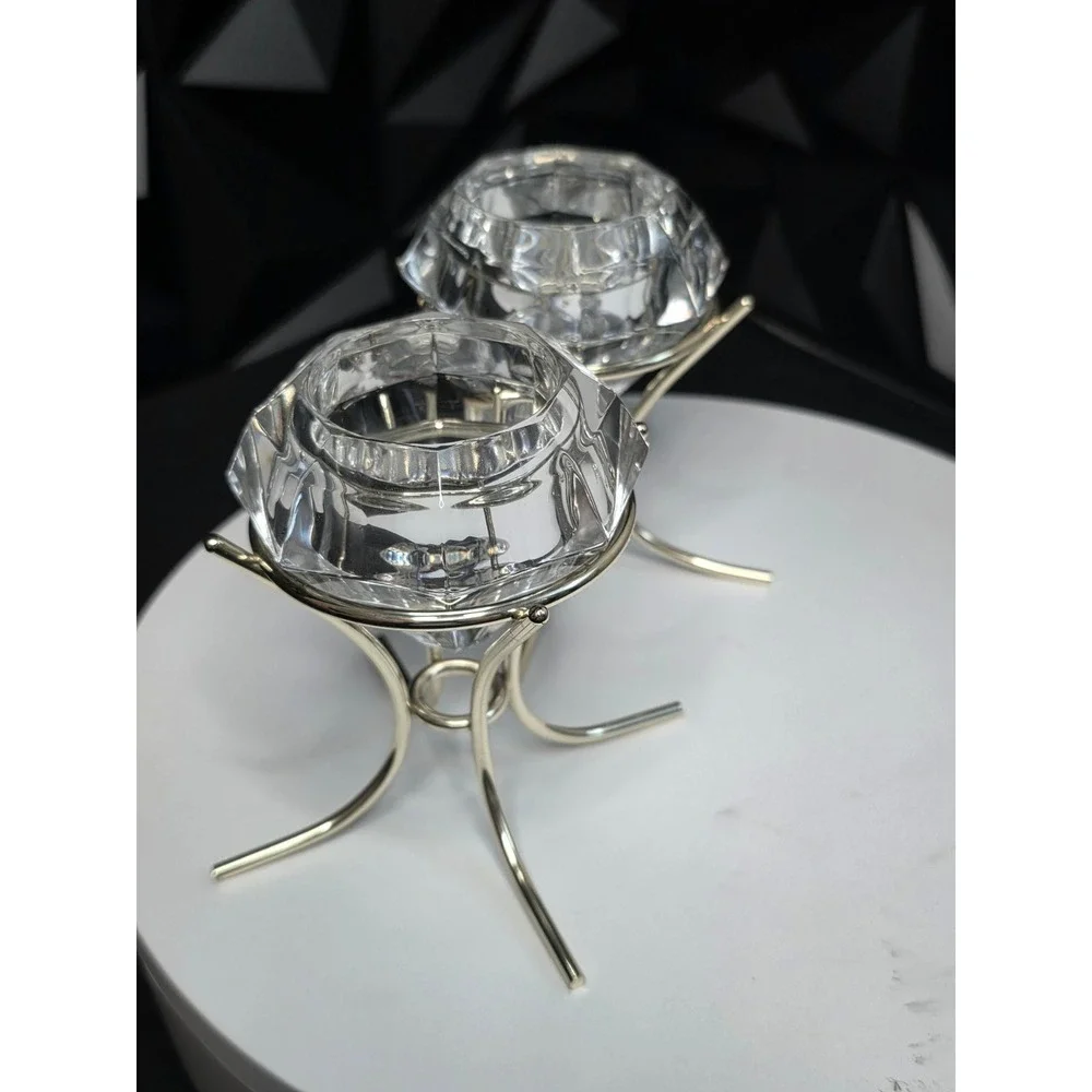 Diamond Shaped Crystal Glass Votive Candle Holders Gold Metal Stands Set of 2